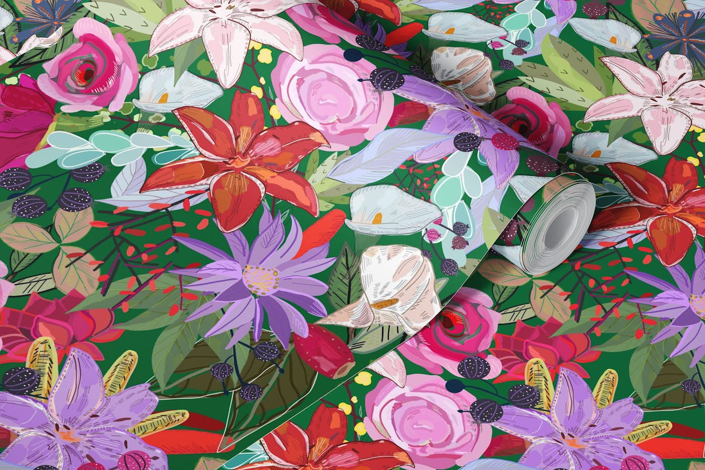 Lily and colorful flowers pattern wallpaper roll