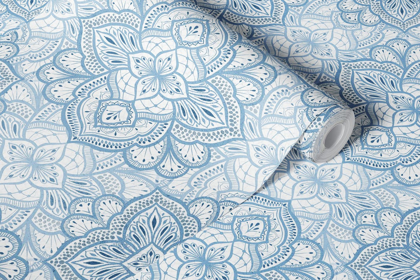 Boho Marrakesh mandala tile - blue wallpaper roll