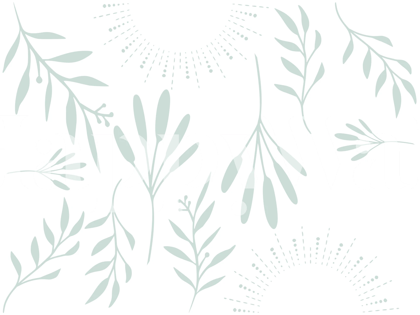 Seinämaalaus minimalistisilla kasvitieteellisillä kuvioilla pehmeissä vihreissä ja luonnonvalkoisissa