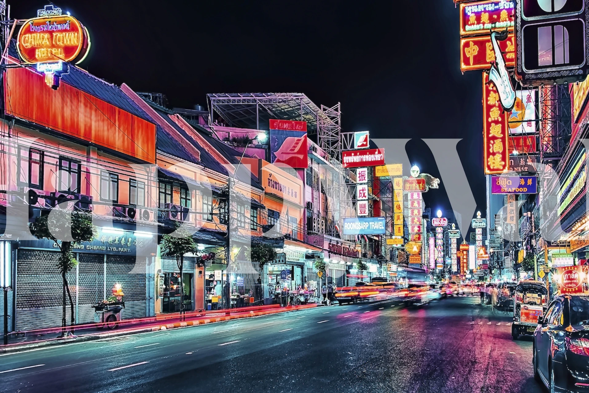 Chinatown by night wallpaper in a room