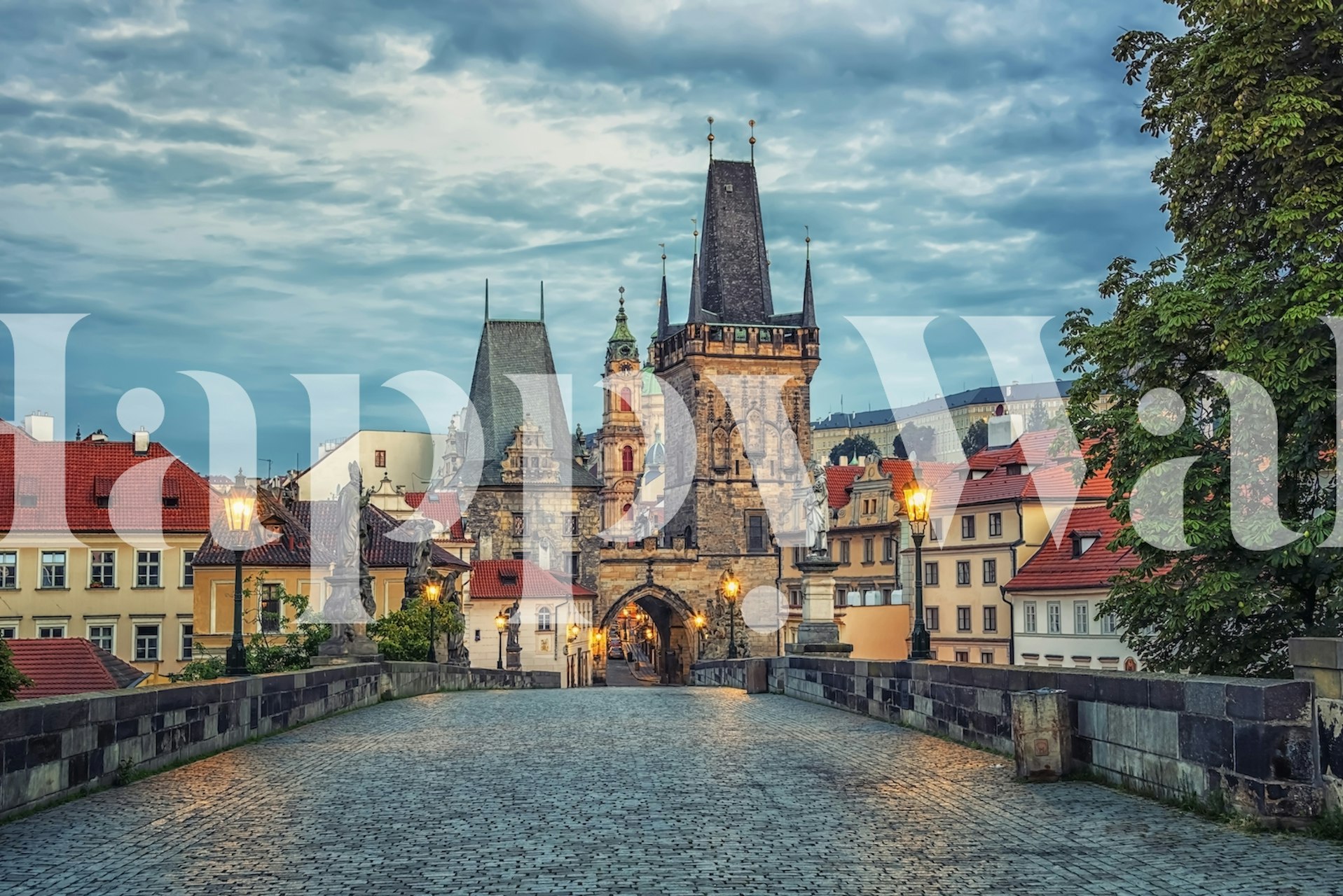 Charles Bridge wall mural depicting gothic architecture and twilight skies in Prague