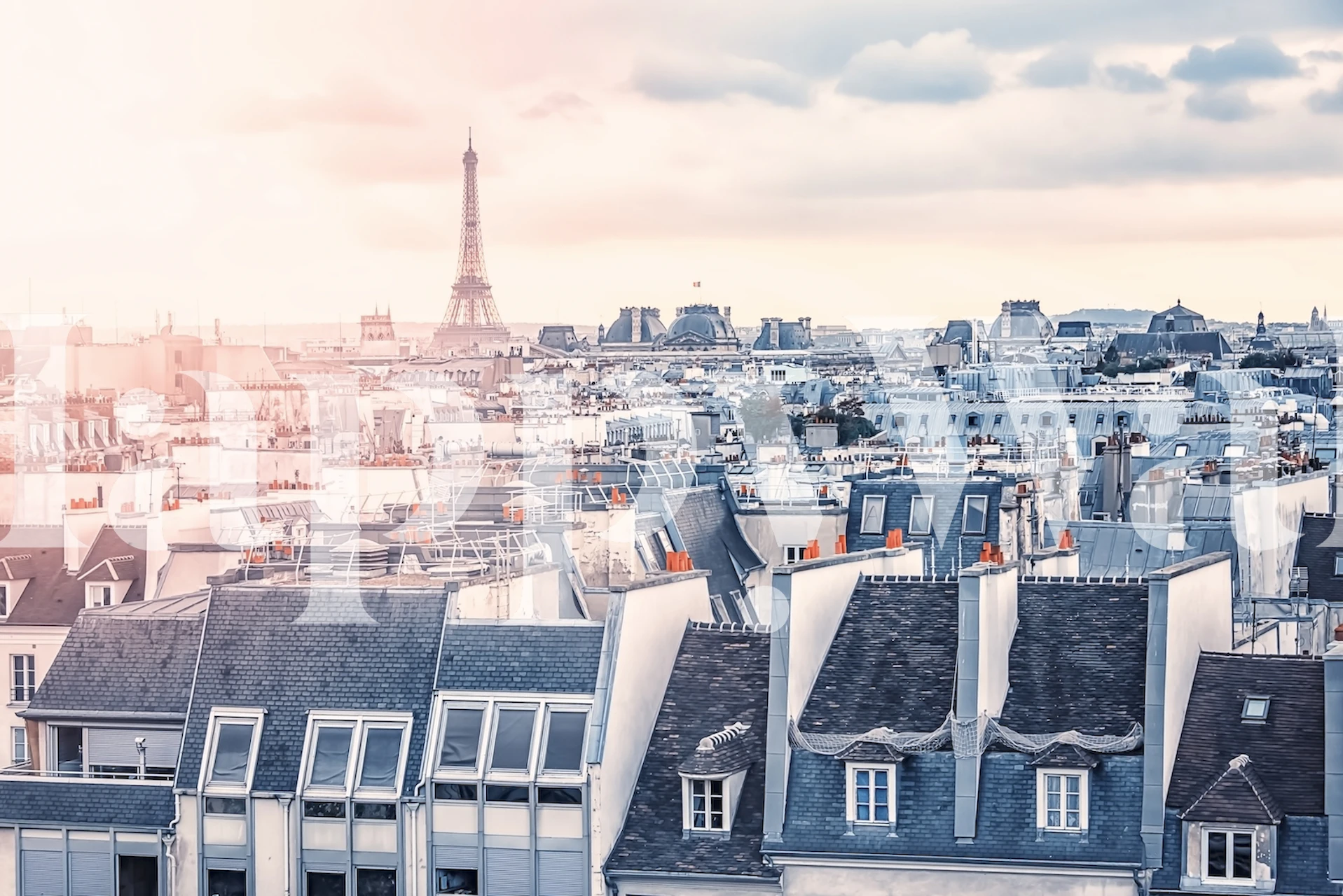 Paris cityscape wallpaper featuring rooftops and Eiffel Tower in soft pastel colors