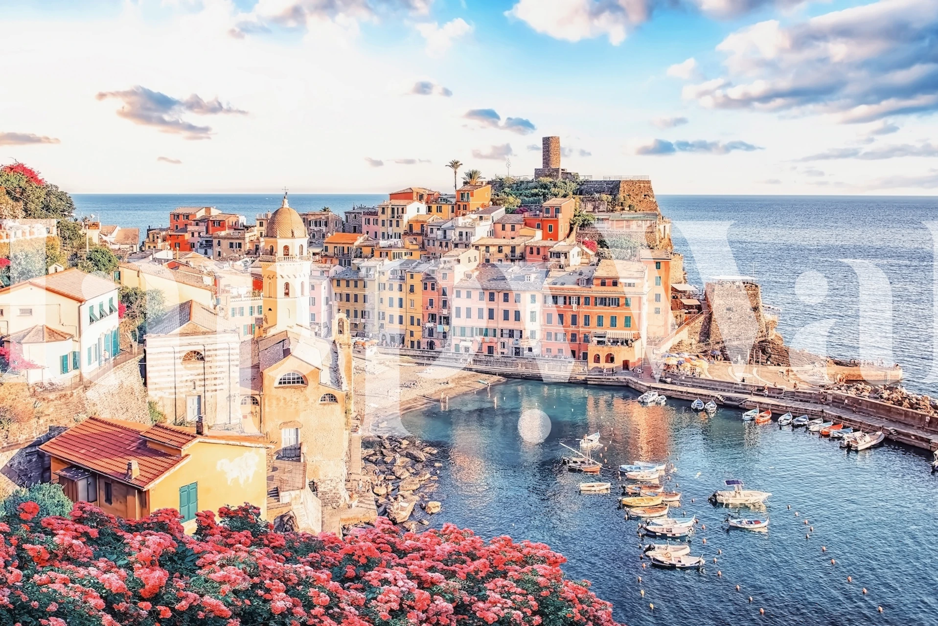 Mural de parede Vernazza Riviera Italiana com edifícios coloridos e vista serena do porto