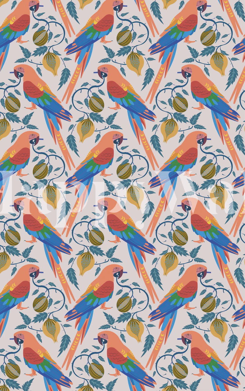 Colorful parrot pattern with leaves in vibrant colors wallpaper