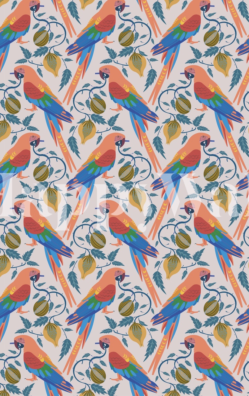Colorful parrot pattern with leaves in vibrant colors wallpaper