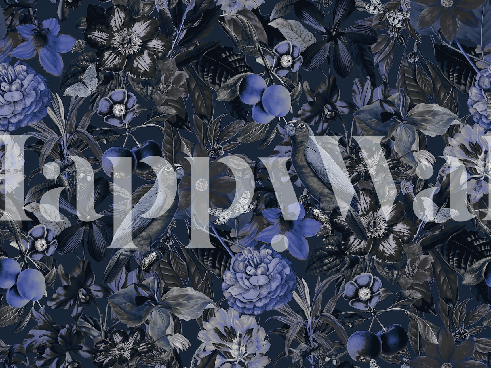 Moody tropical jungle birds wallpaper in a room