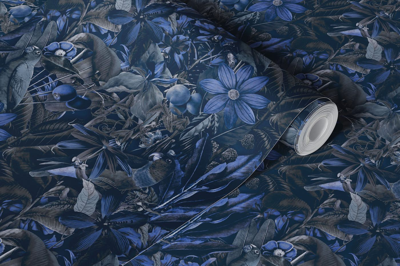 Tropical Serenade Opulent Jungle Flora With Tropical Birds Midnight Blue wallpaper roll