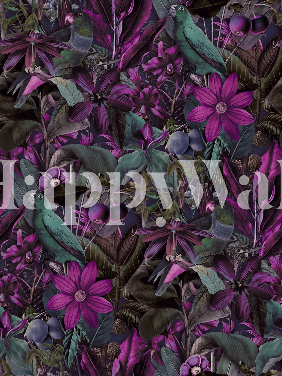 Tropical Serenade Opulent Jungle Flora mural with vibrant birds amid turquoise and fuchsia foliage.