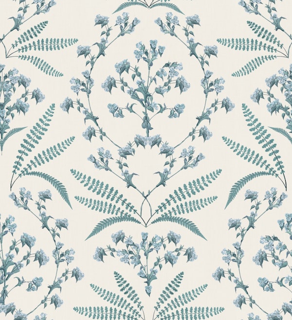Rustic cottage floral damask cyan blue