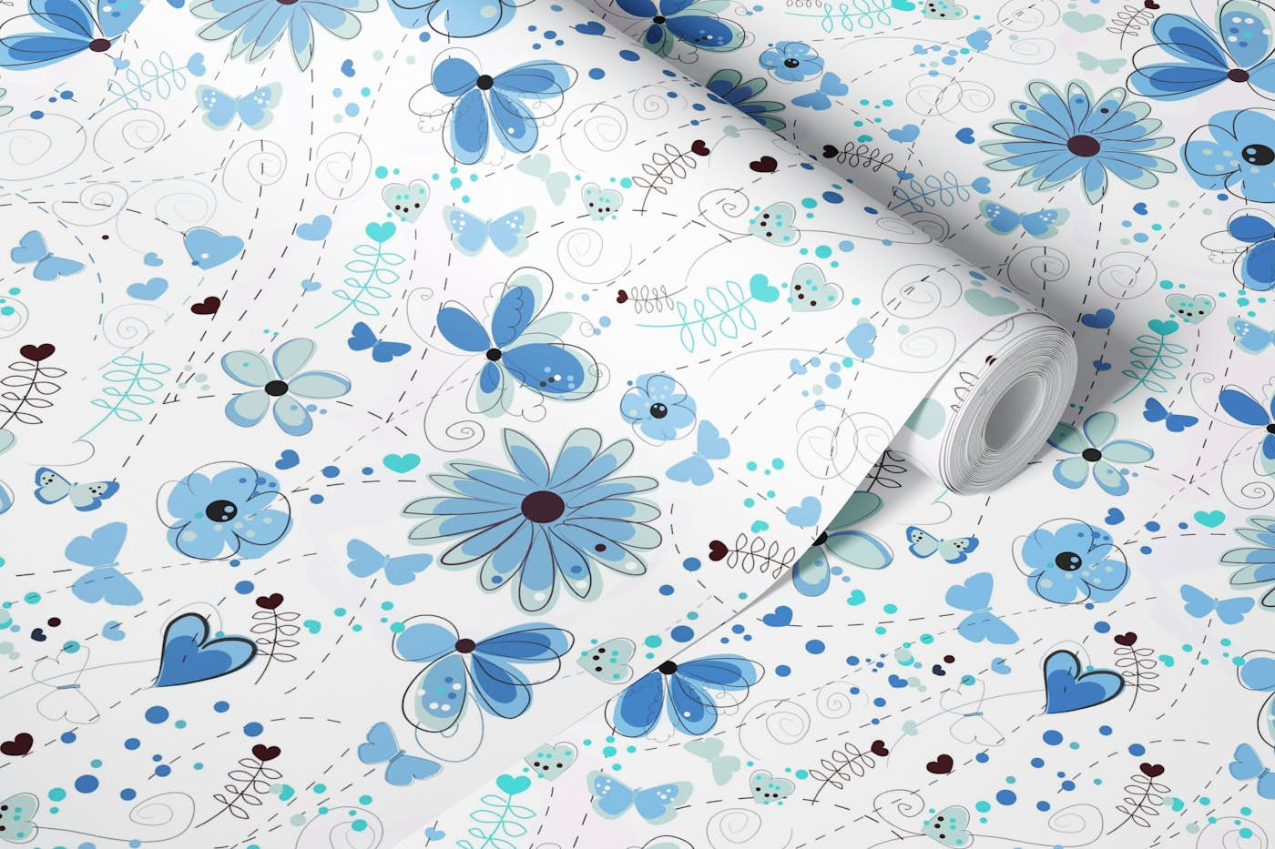 Abstract blue flowers pattern wallpaper roll