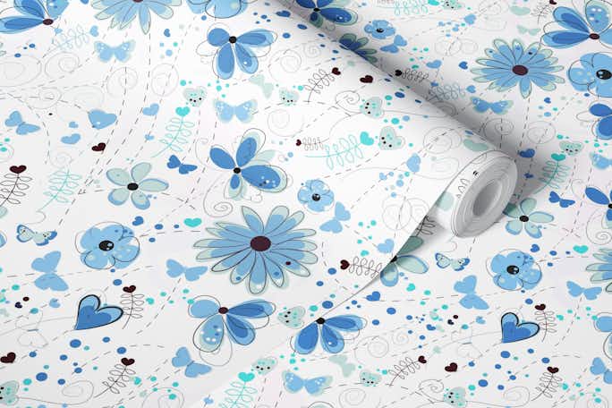 Abstract blue flowers patternwallpaper roll