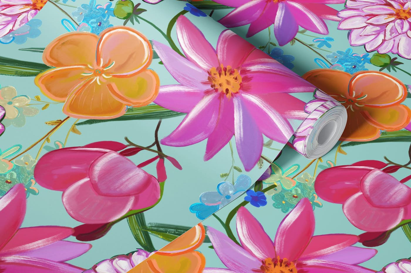 Hand drawn painting flowers wallpaper roll