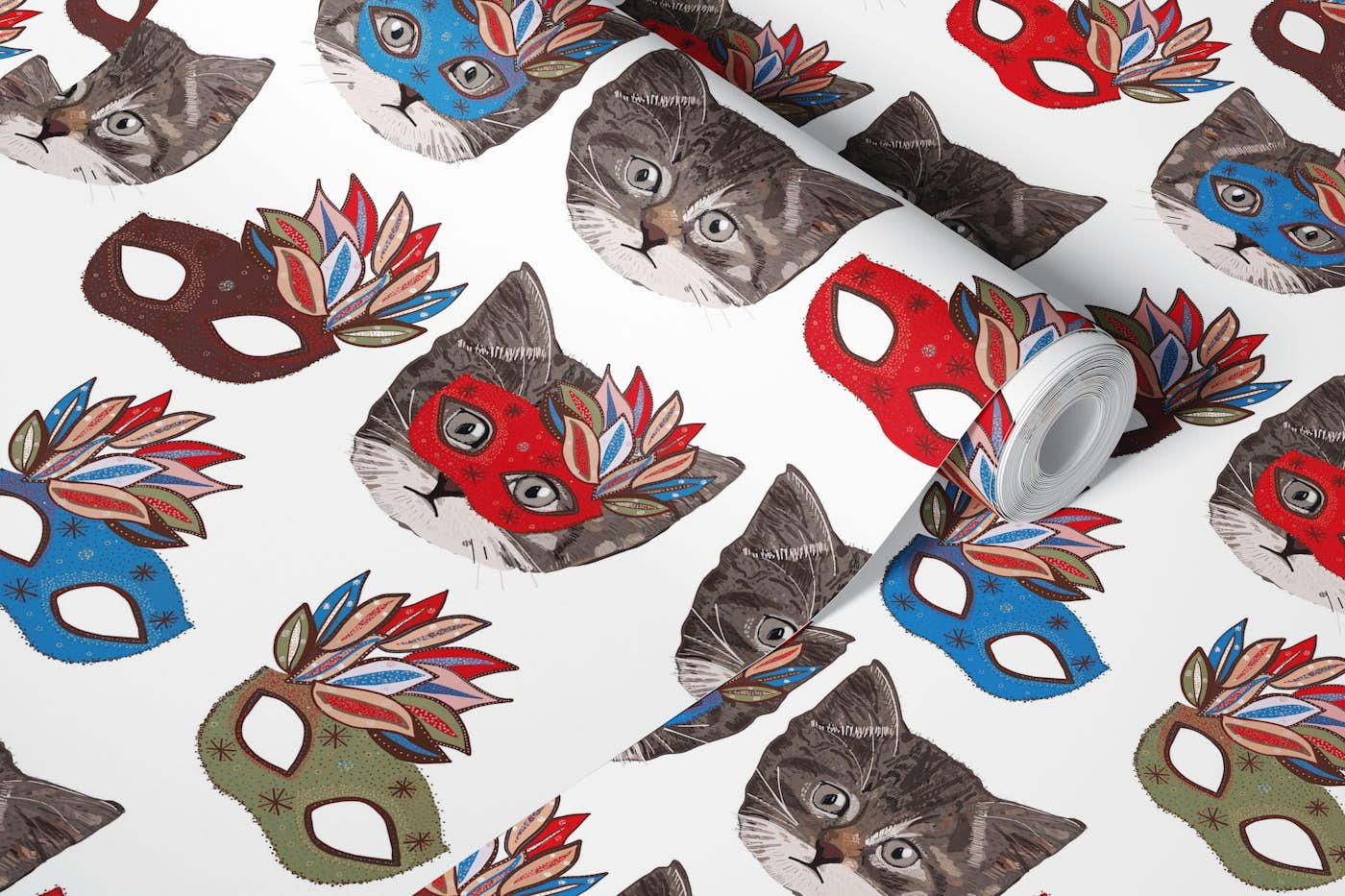 Mask and cute lovely cats pattern wallpaper roll