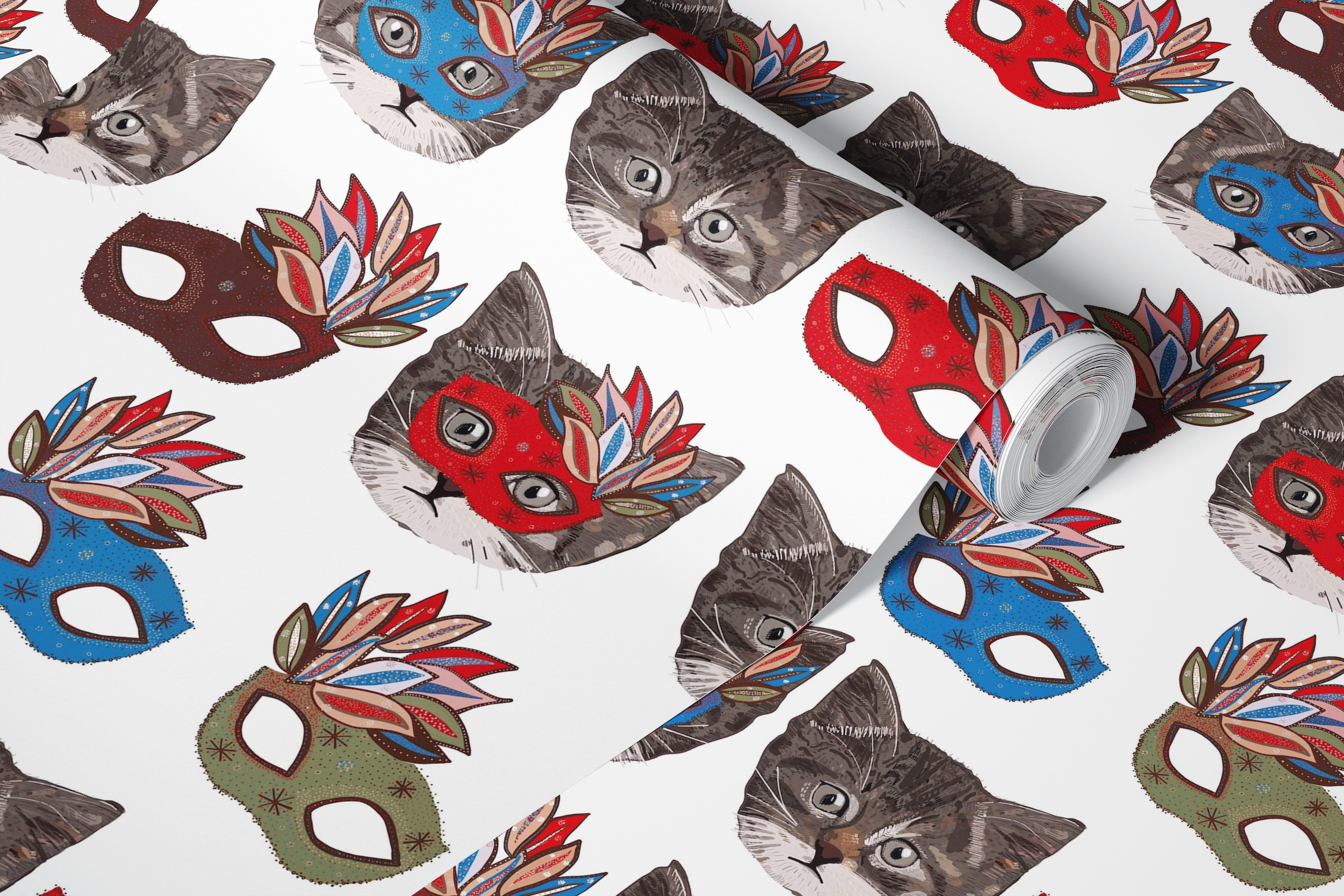 Cat faces with colorful masks and floral elements wallpaper