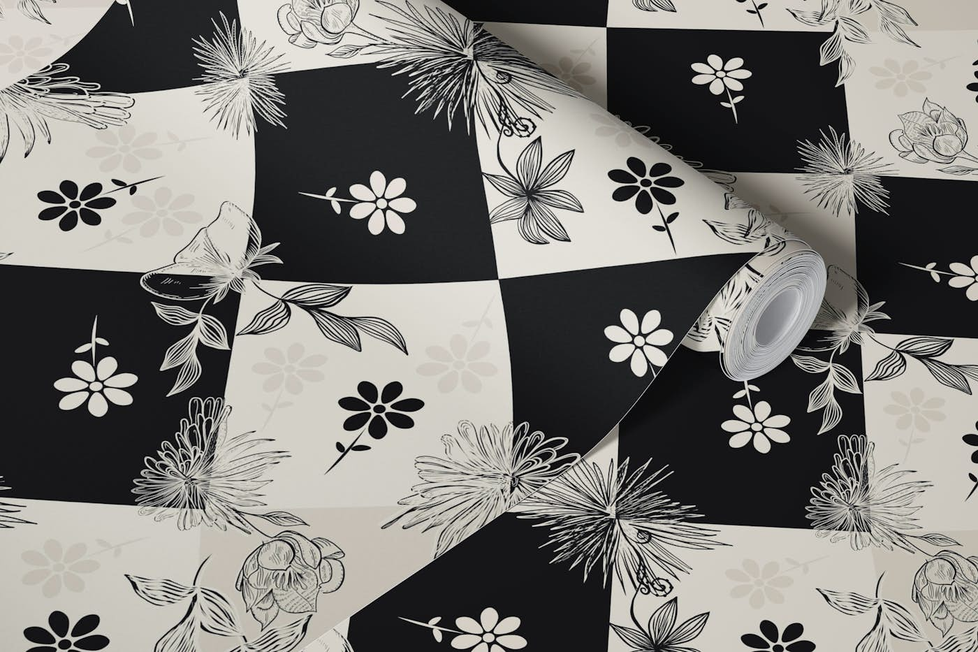 Geometry and flowers pattern wallpaper roll