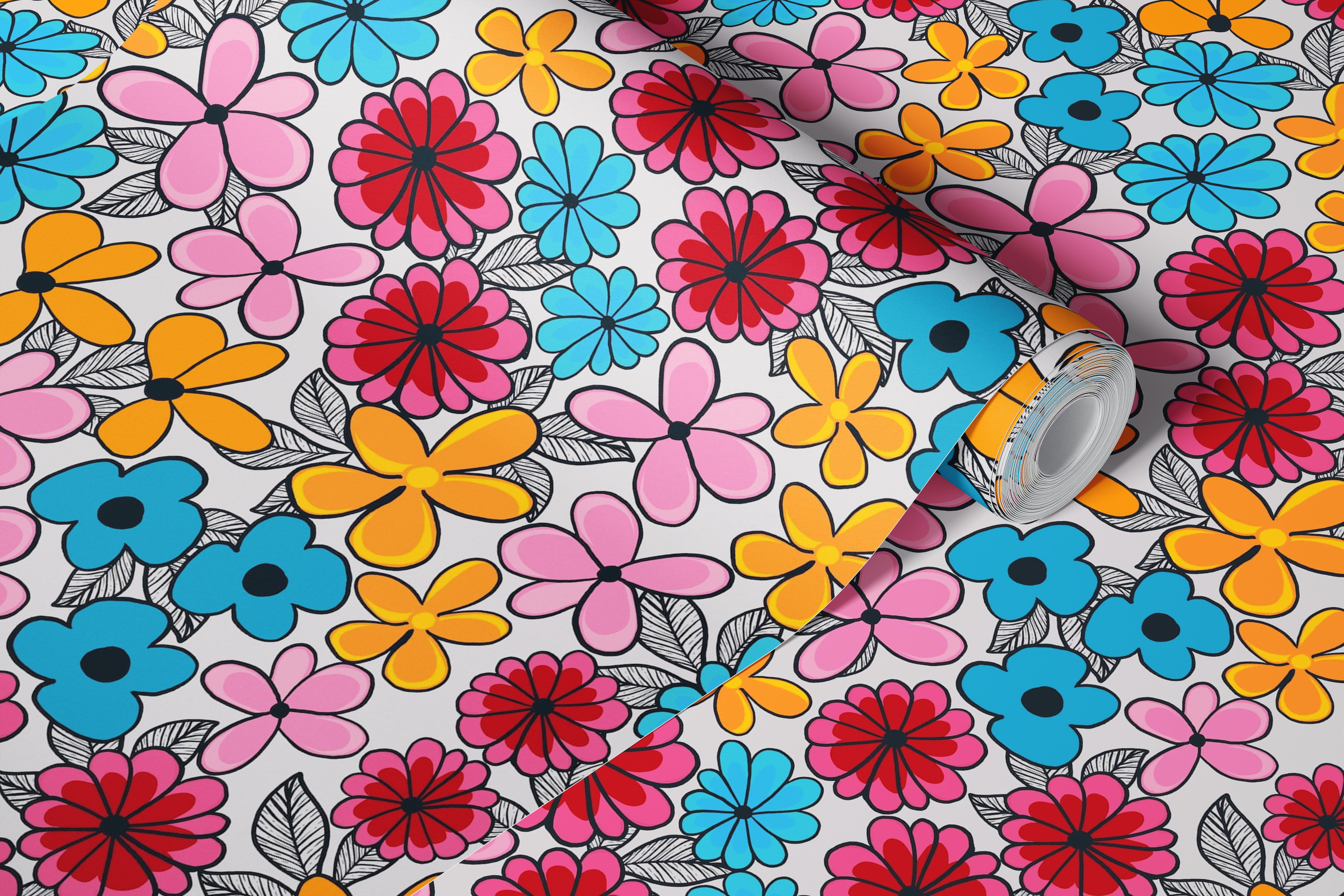 Colorful summer floral pattern wall mural with pink, blue, and yellow flowers