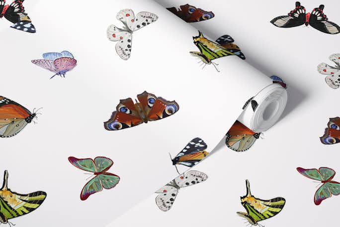 Butterflies white patternwallpaper roll