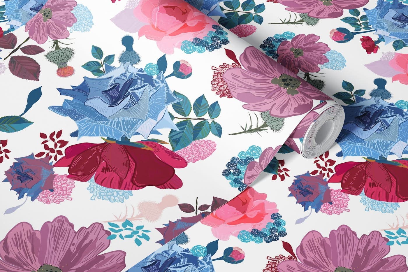 Blue and pink roses pattern wallpaper roll