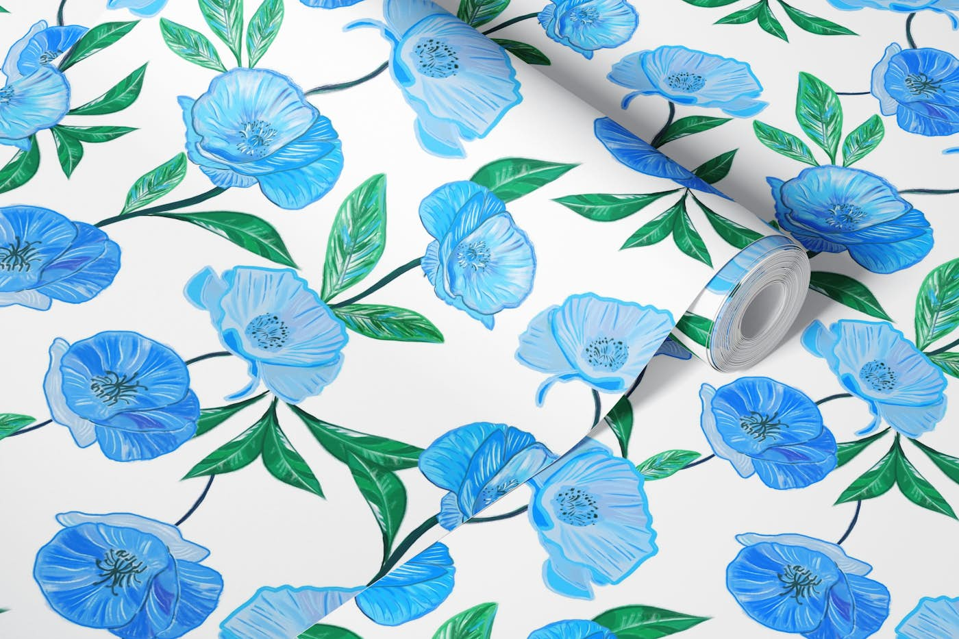 Blue poppies pattern wallpaper roll