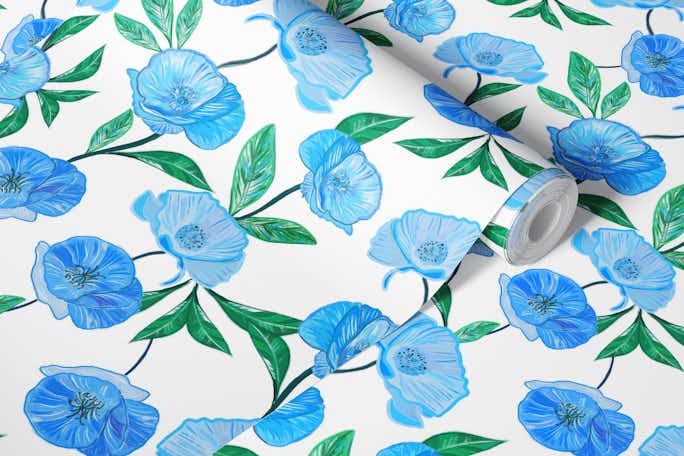Blue poppies patternwallpaper roll