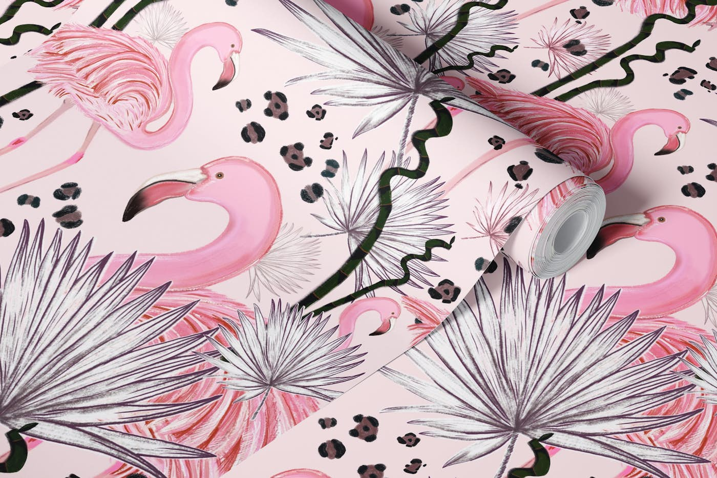 Flamingos with leopard prints wallpaper roll