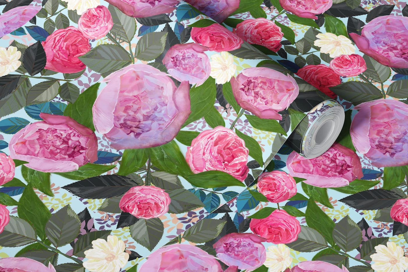 Pink peony and white cosmos flower pattern wallpaper roll