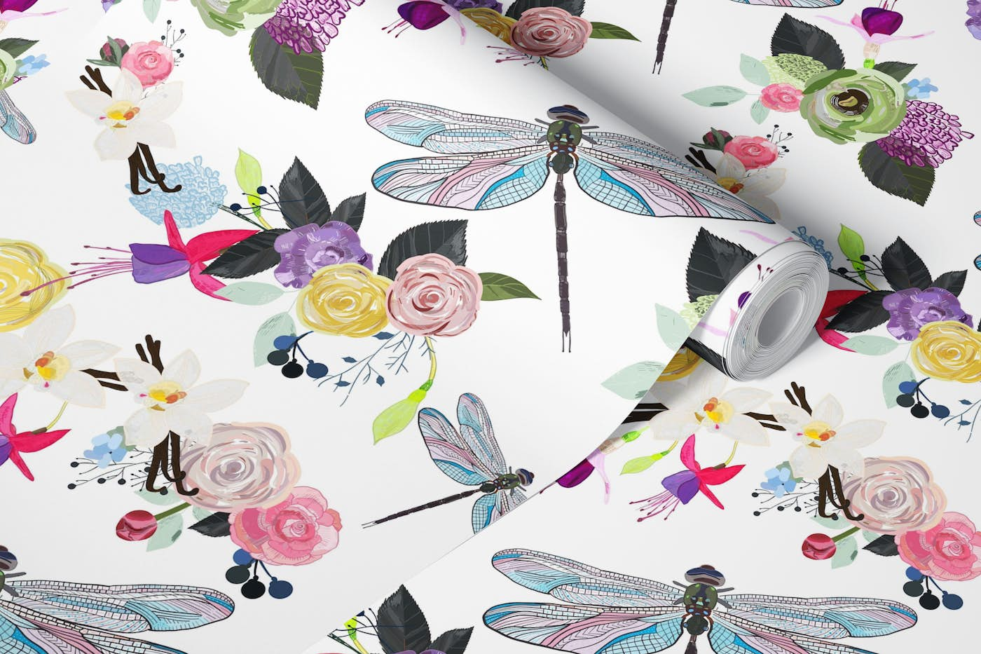 Fuchsia dragonfly vanilla flower wallpaper roll