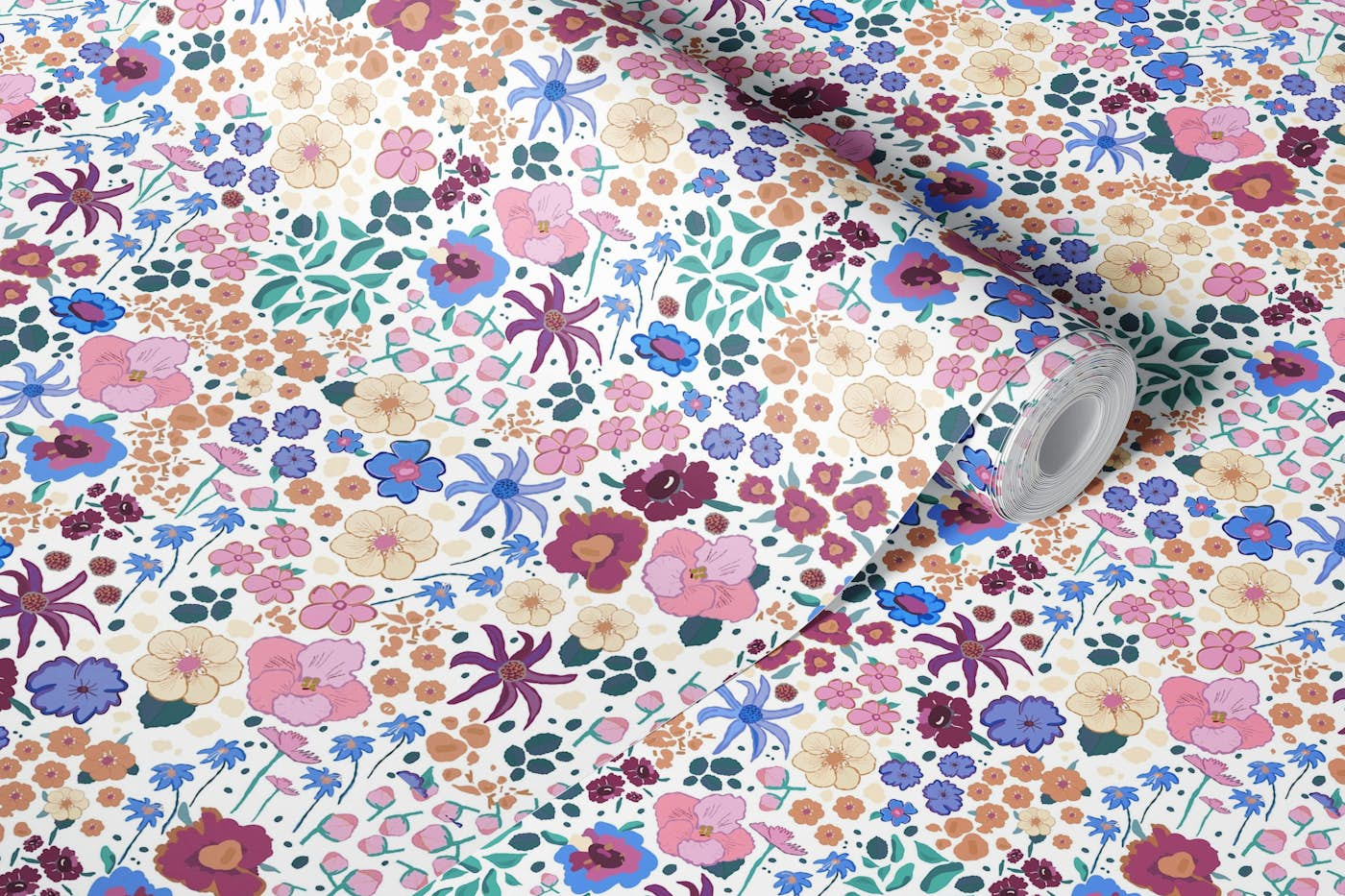 Ditsy colorful white wallpaper roll