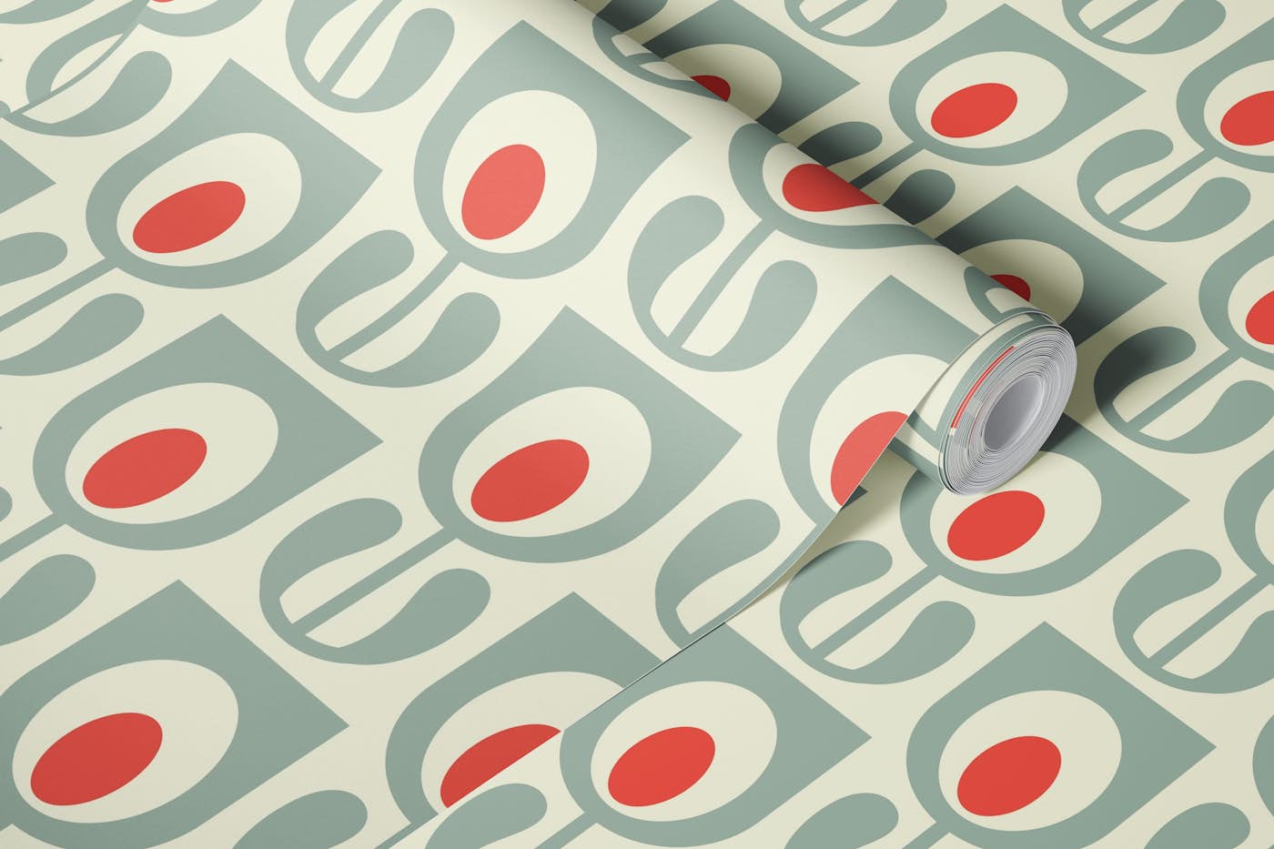 2523 F - retro tulips pattern, grey orange wallpaper roll