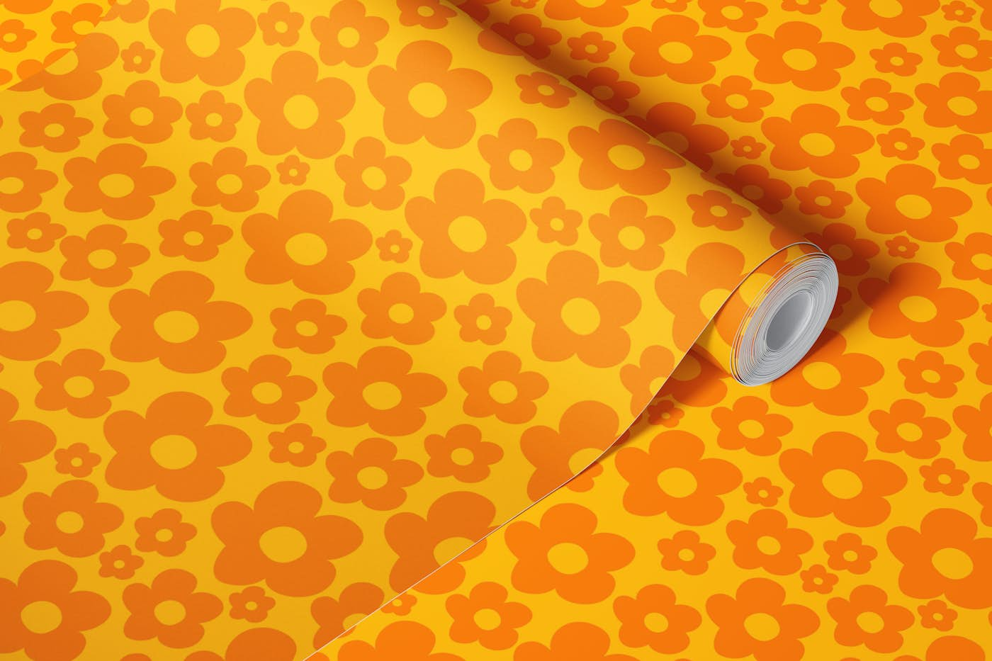 Orange Yellow Retro Daisies Pattern 1 wallpaper roll