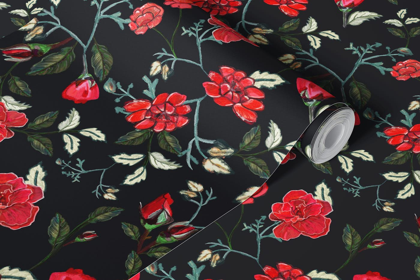 Red hand drawn roses pattern wallpaper roll