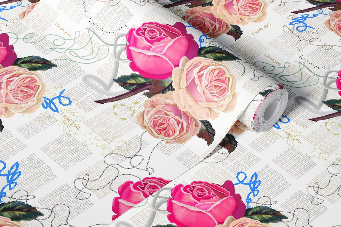 Art newspaper roses wallpaper roll