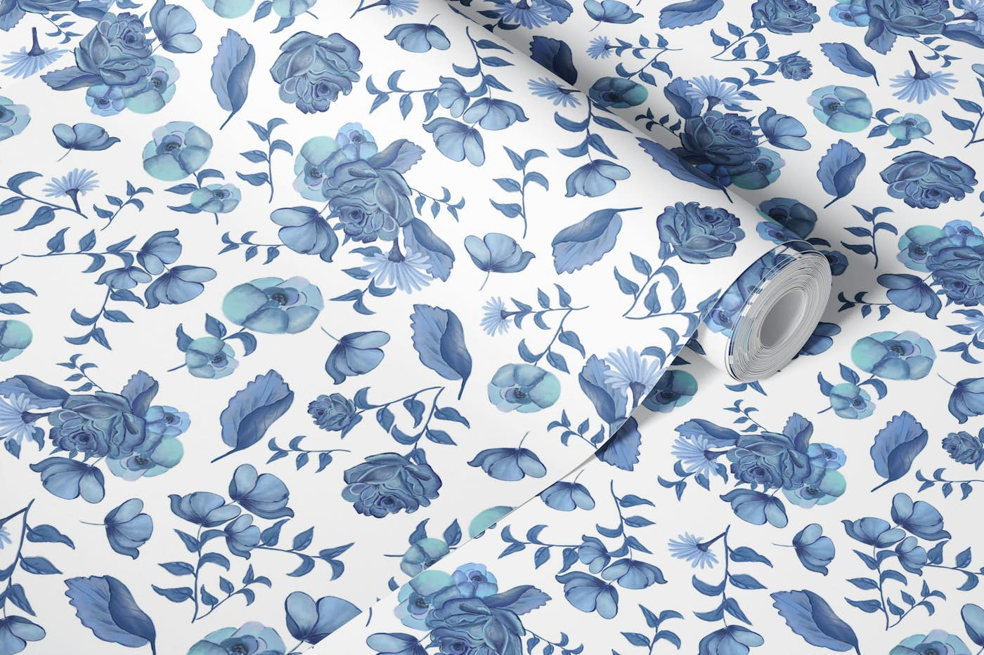 Heirloom florals blue pattern wallpaper roll