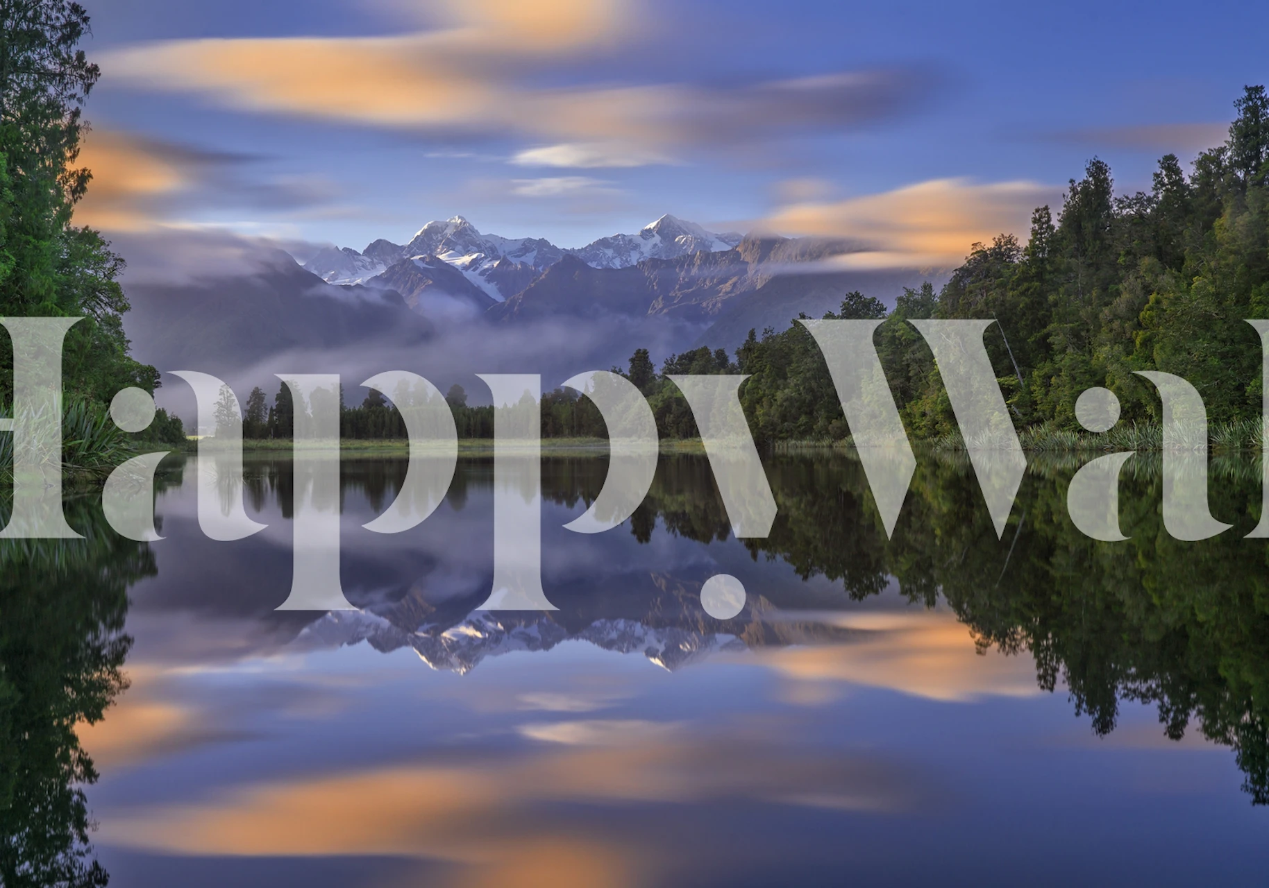 Lake reflection with mountains and sunset clouds wallpaper