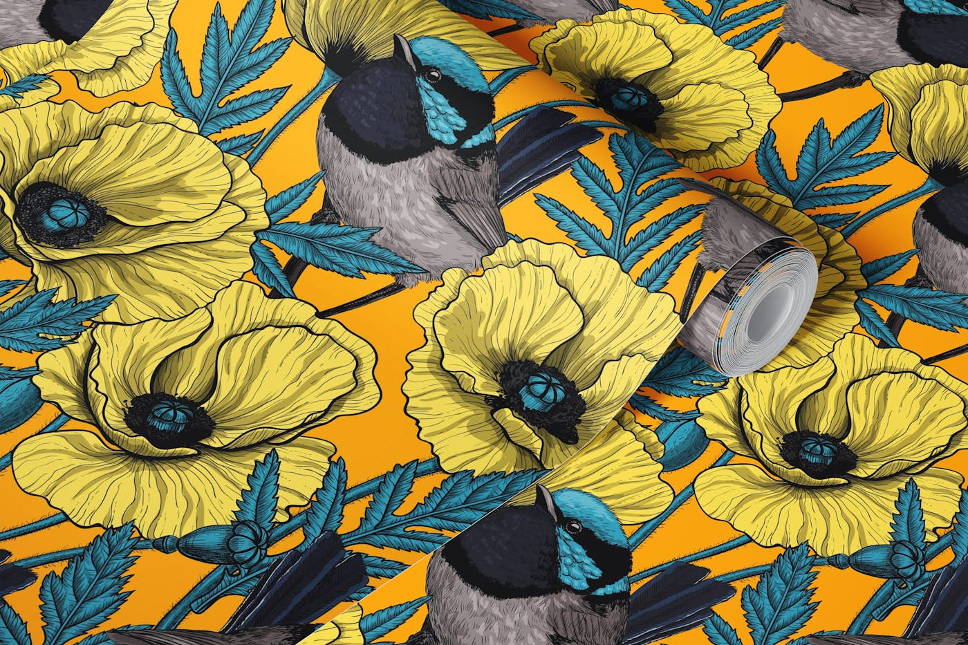 Fairy wrens and yellow poppies on orange wallpaper roll