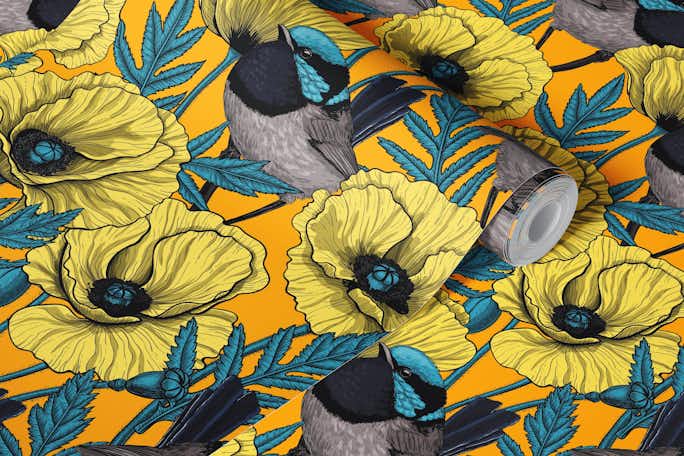 Fairy wrens and yellow poppies on orangewallpaper roll