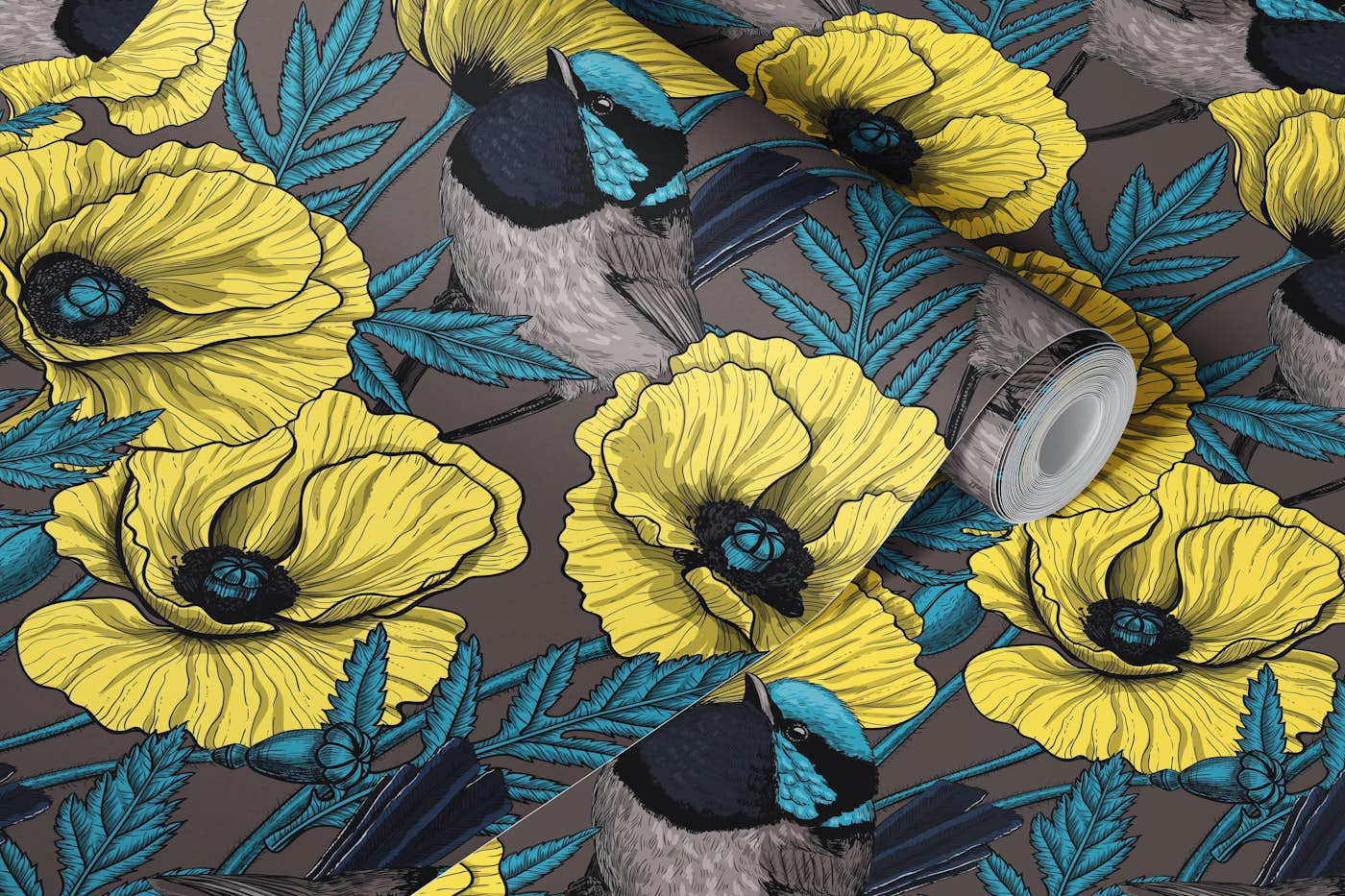 Fairy wrens and yellow poppies on brown wallpaper roll