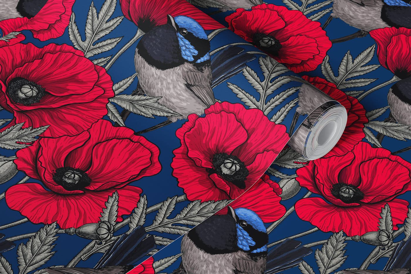 Fairy wrens and red poppies on dark blue wallpaper roll