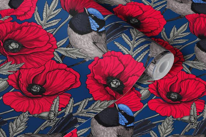 Fairy wrens and red poppies on dark bluewallpaper roll