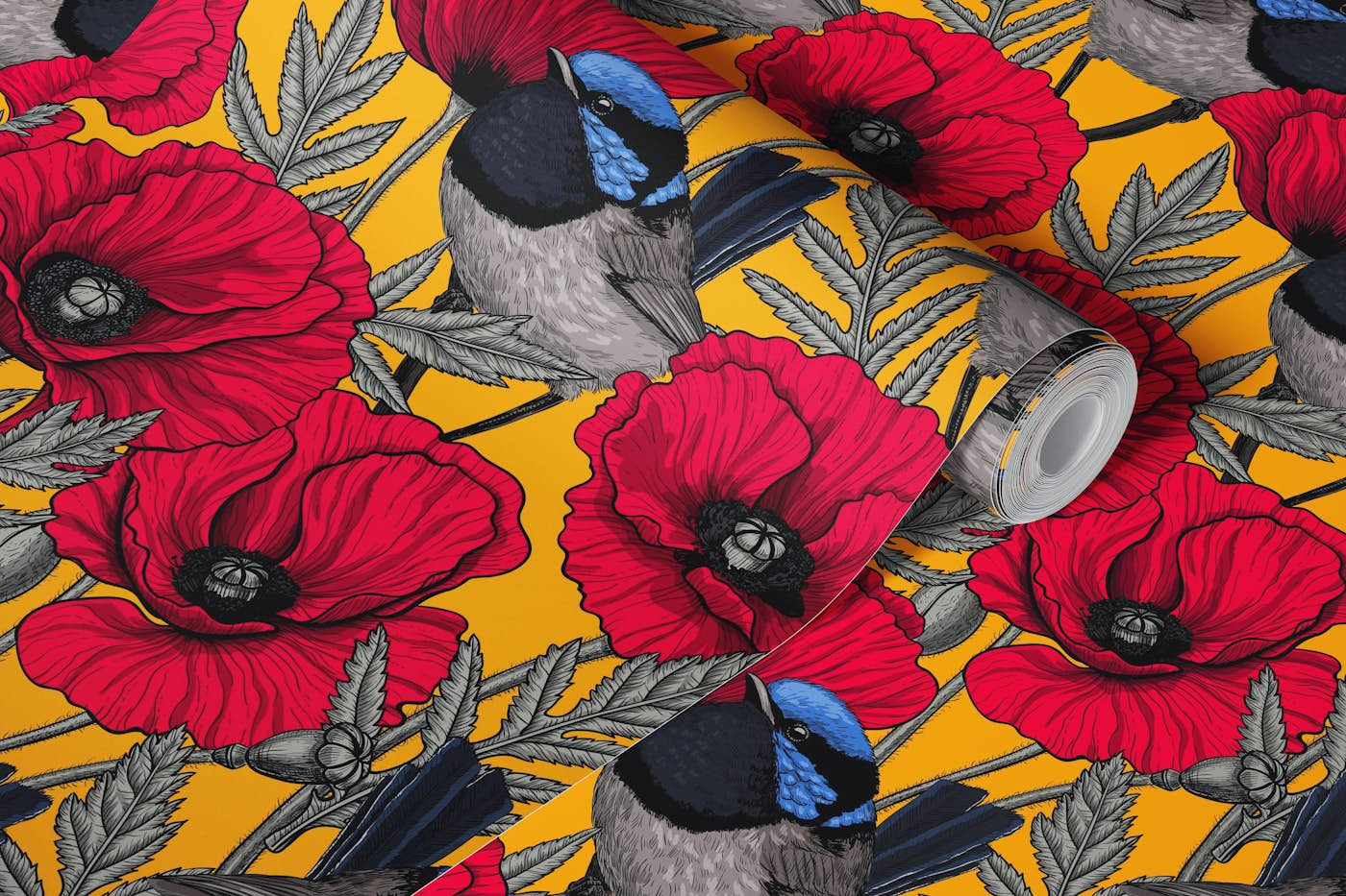 Fairy wrens and red poppies on orange wallpaper roll