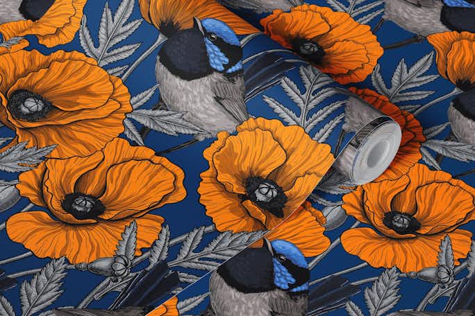 Fairy wrens and orange poppies on deep bluewallpaper roll