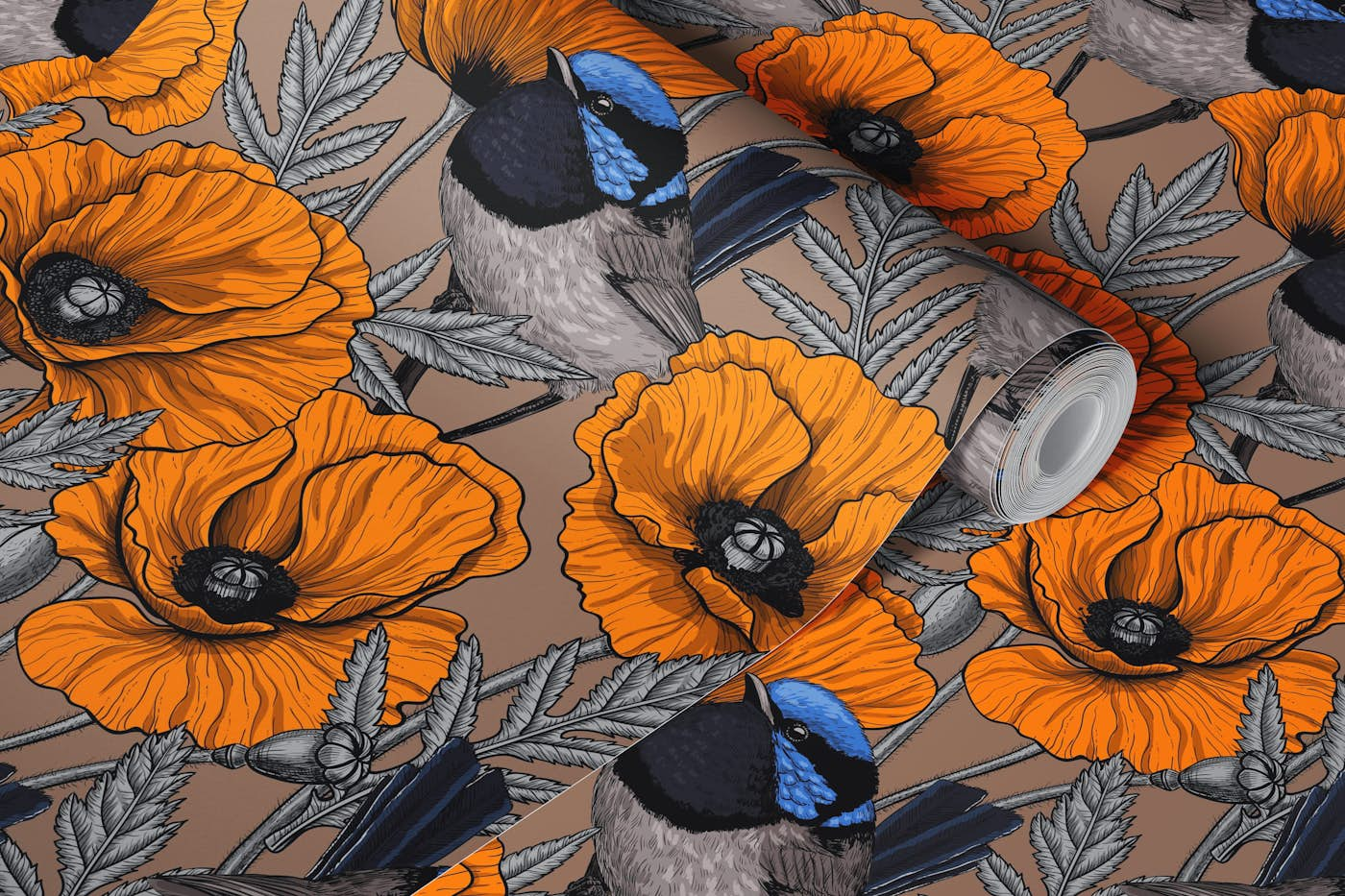 Fairy wrens and orange poppies on mocha brown wallpaper roll