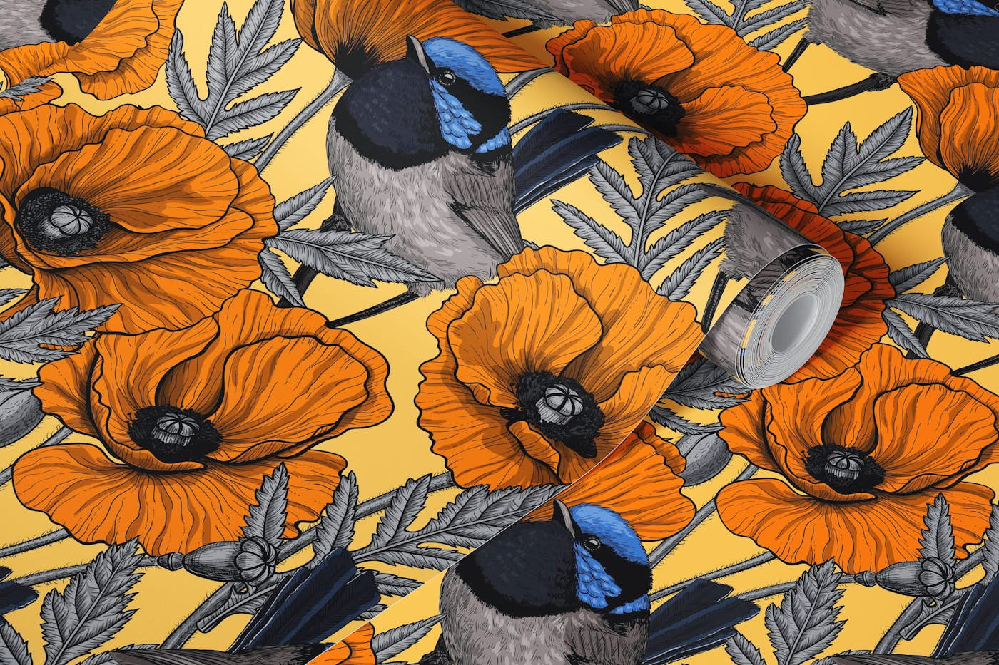 Fairy wrens and orange poppies on pastel yellow wallpaper roll