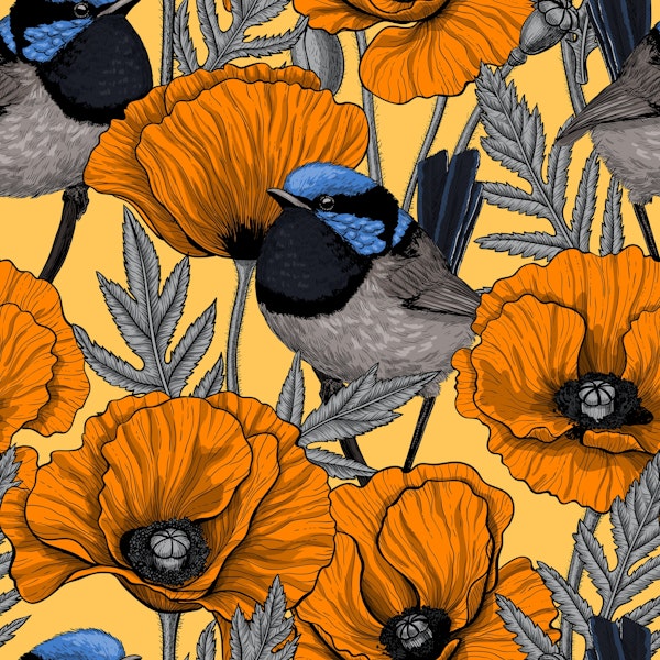 Fairy wrens and orange poppies on pastel yellow