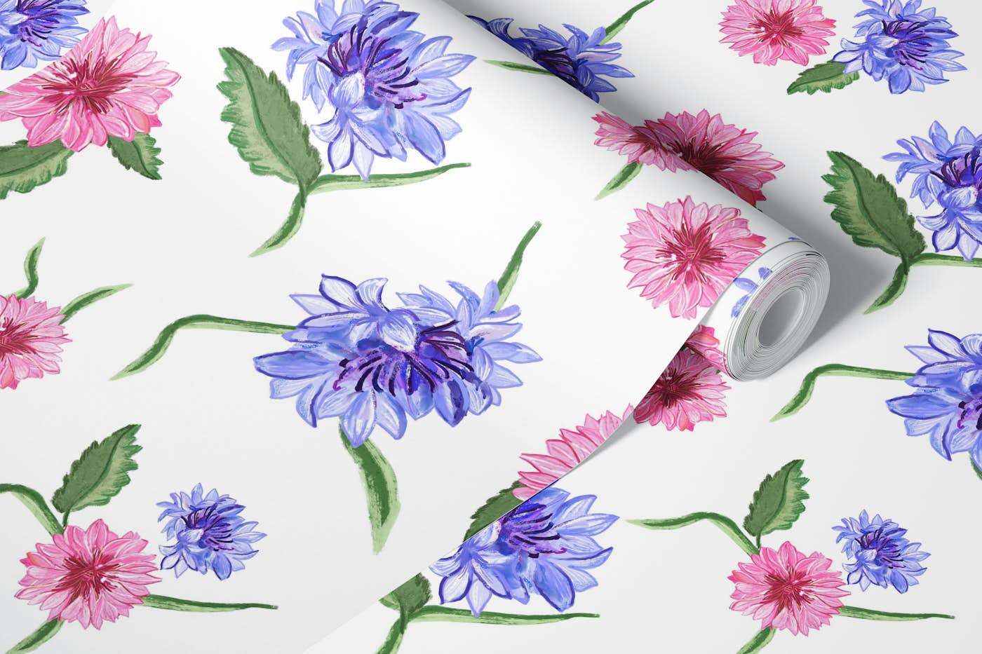 Isolated blooms cornflower white pattern wallpaper roll