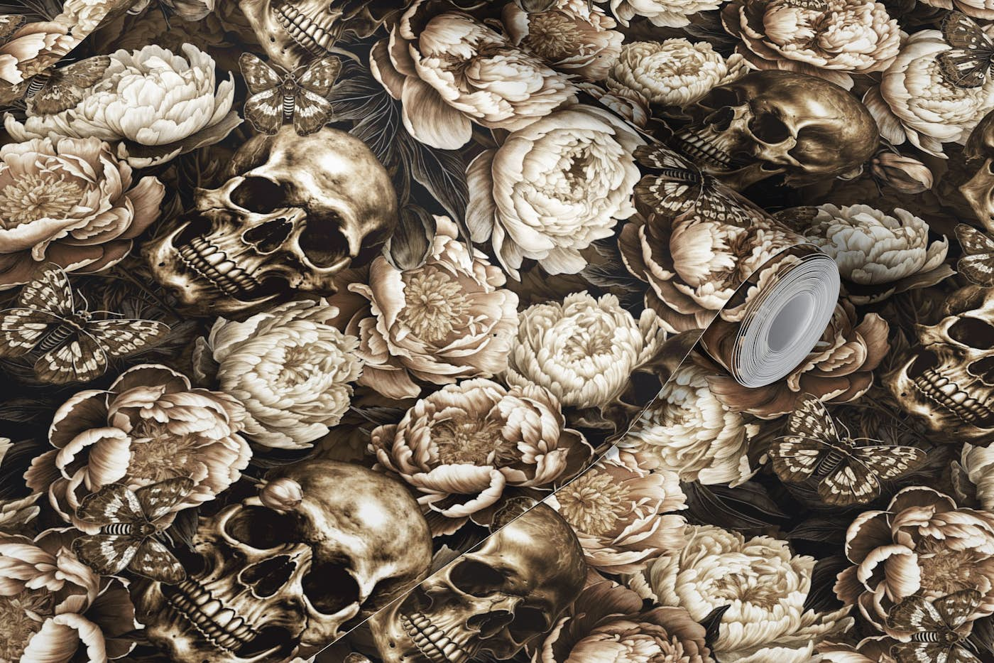 Baroque Moody Peonies And Mysterious Gothic Skulls Midnight Garden wallpaper roll