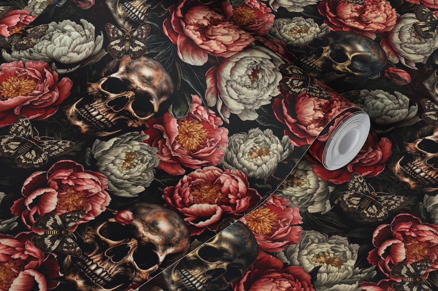 Baroque Moody Peonies And Mysterious Gothic Skulls Midnight Garden 1 wallpaper roll