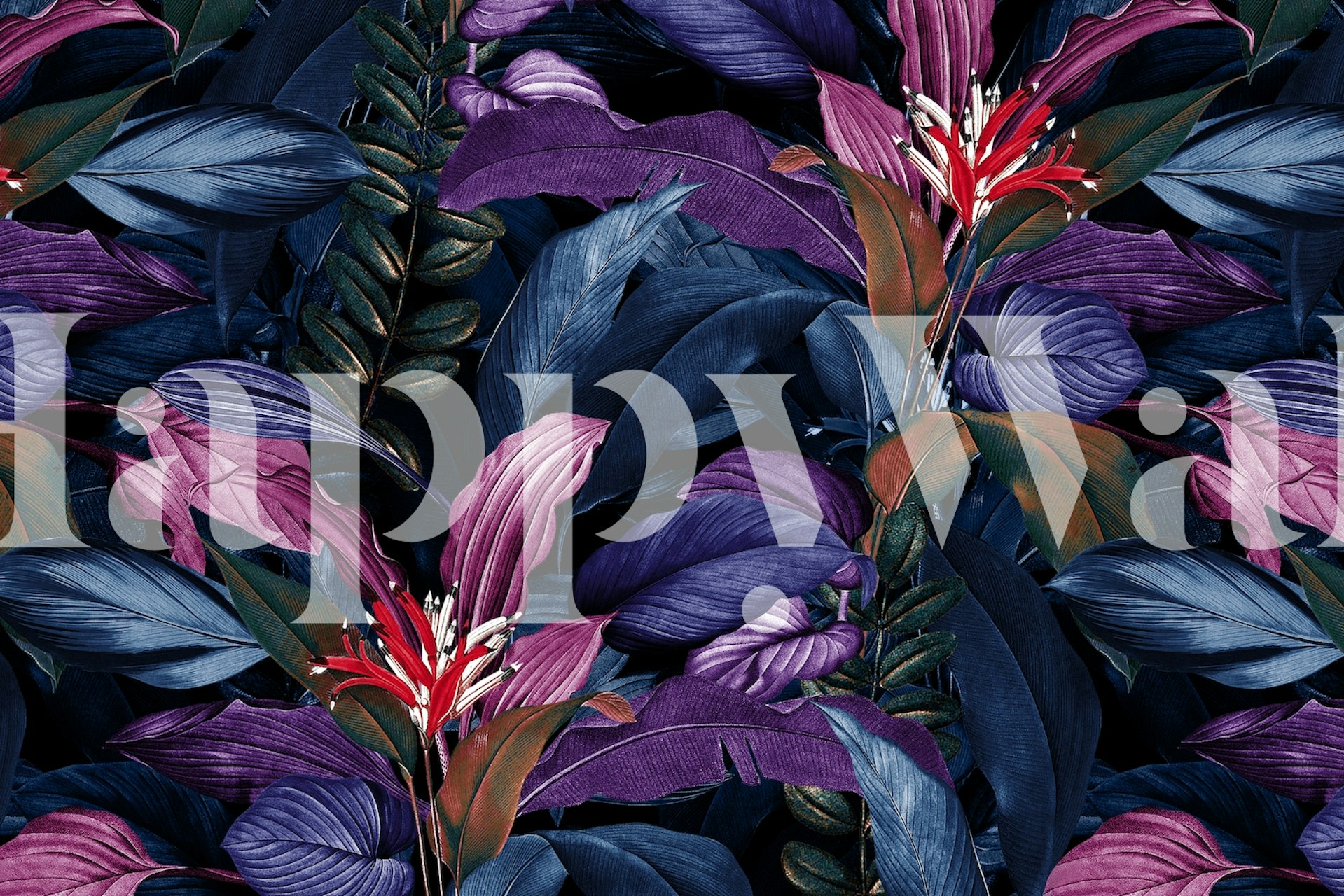 Tropical floral wallpaper with purple and dark green leaves