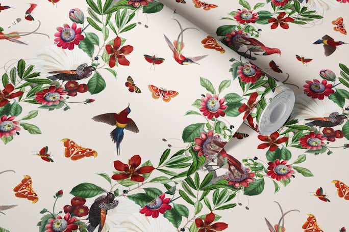 Exotic Rococo vintage border with colourful birds And Tropical Flowerswallpaper roll