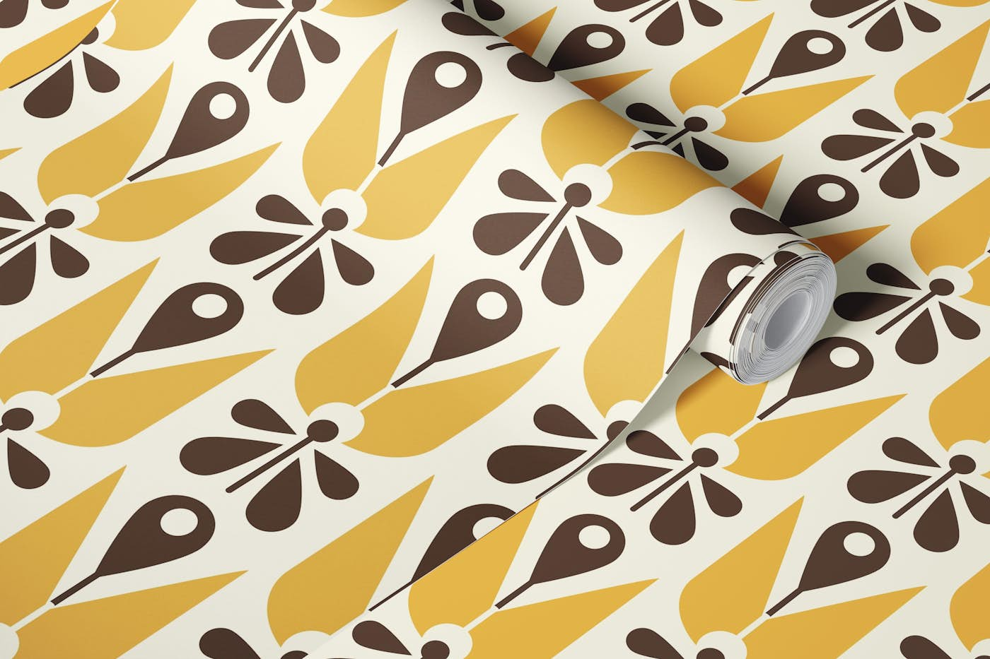 2580 - abstract flowers pattern, yellow wallpaper roll